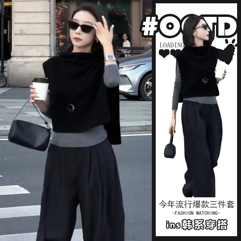 设计感黑色毛衣马甲女2025新款秋季高级感无袖坎肩连帽背心上衣女