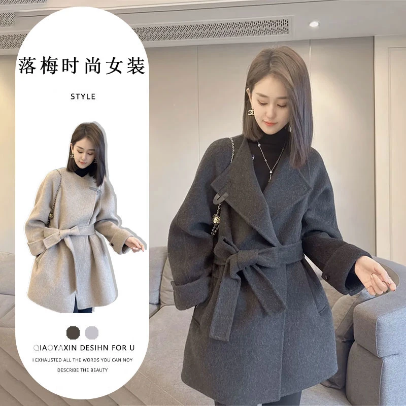 韩版洋气毛呢大衣中长款气质腰带羊毛外套女秋冬季时尚百搭上衣潮