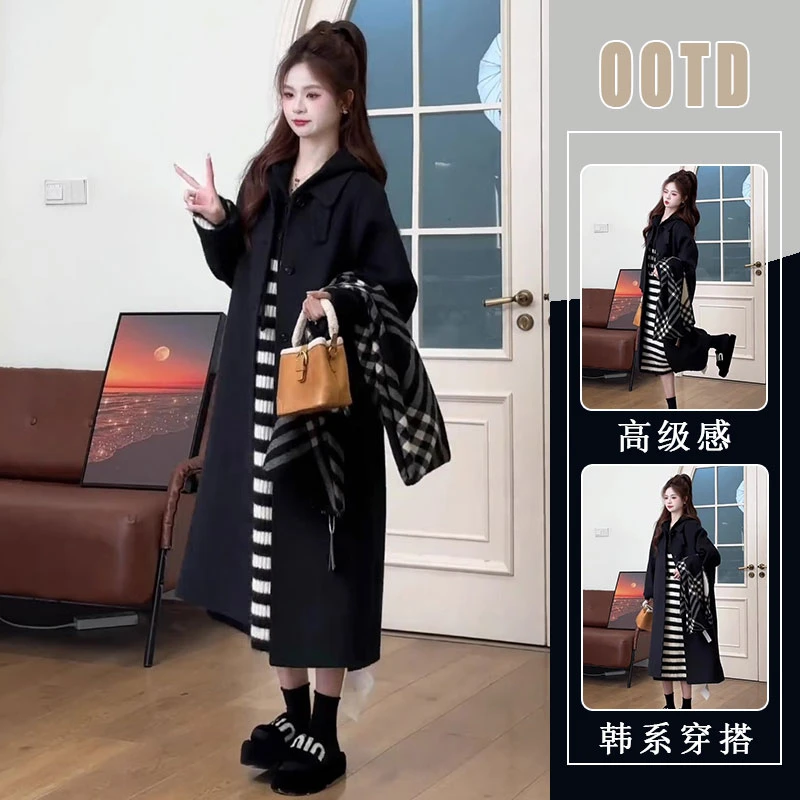 冬季韩系穿搭一整套高级感连帽条纹毛衣连衣裙毛呢外套大衣两件套