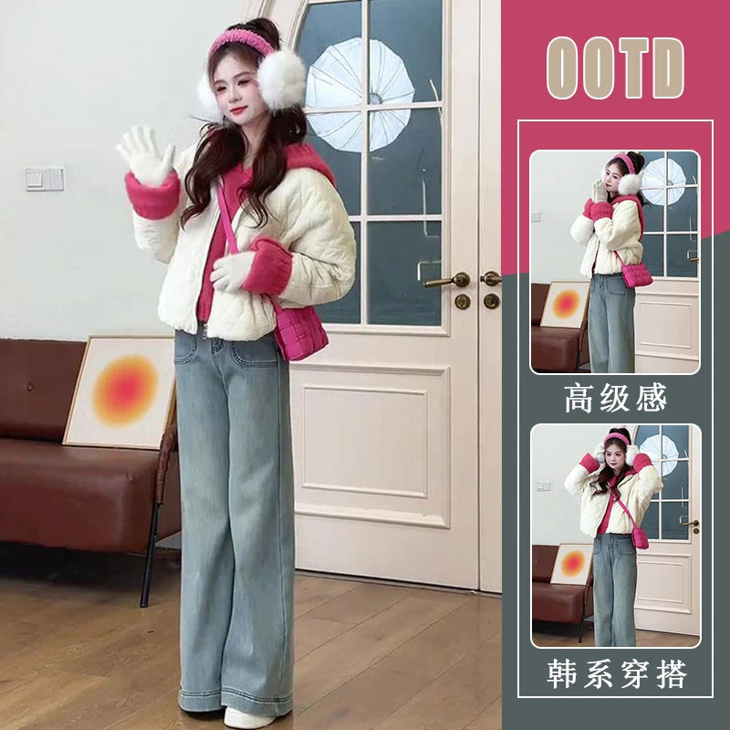 入冬穿搭一整套女装2024年韩系高级感棉服外套毛衣牛仔裤三件套潮