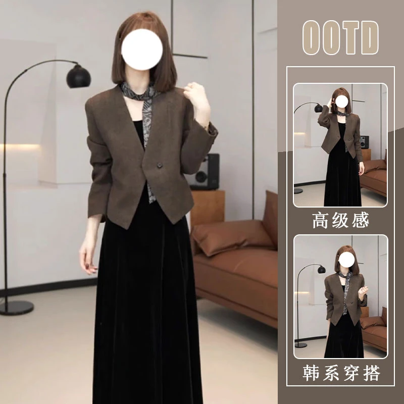 气质轻熟风时尚套装女秋季新款丝绒背心连衣裙短款西装外套两件套