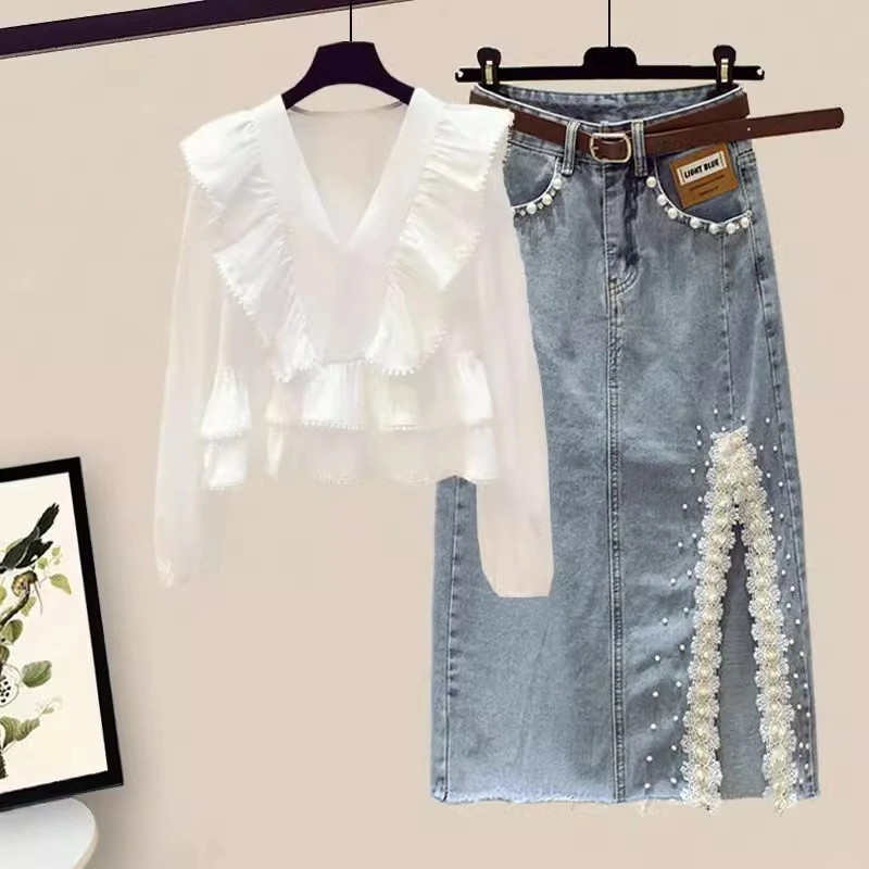 秋装小香风长袖雪纺衫上衣搭配一整套港风牛仔半身裙套装女两件套