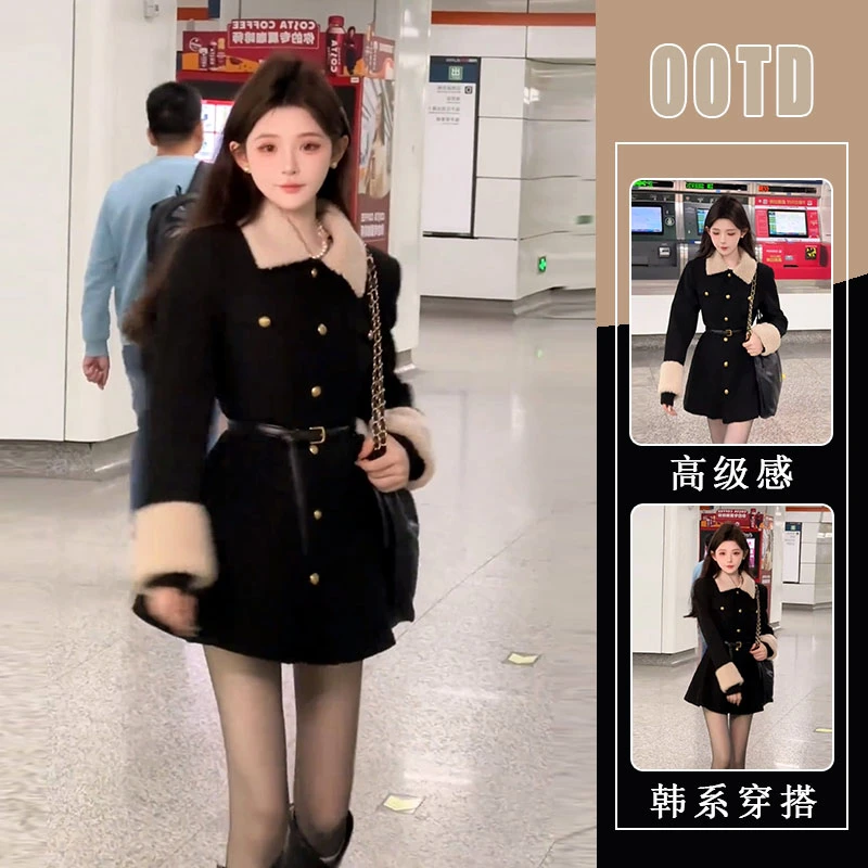 法式轻奢小香风收腰单排扣外套女2024冬新款减龄系带洋气时尚上衣