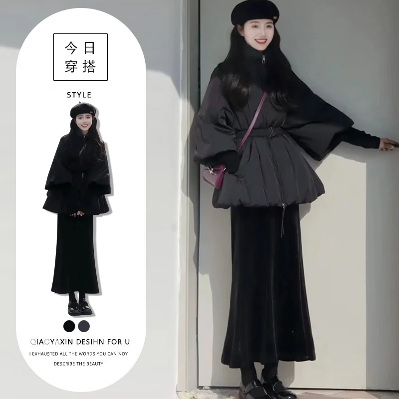 时髦精收腰显瘦灯笼袖黑色棉服高腰鱼尾半身裙御姐轻熟风穿搭套装