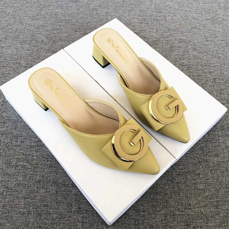 包头半拖鞋女外穿2024春季网红新款软皮尖头粗跟时尚舒适凉拖女鞋