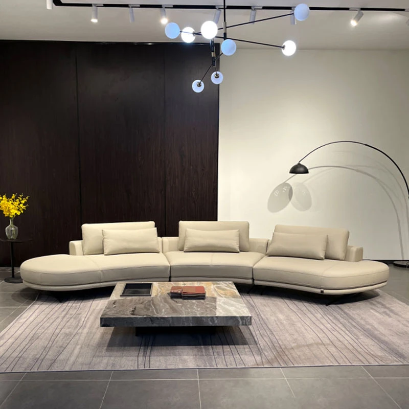 意式简约全真皮沙发现代横厅异型圆弧转角别墅大户型棕榈滩沙发