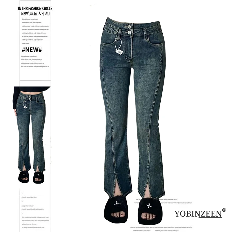 小个子高腰直筒牛仔裤女秋季大码胖mm显瘦复古弹力九分开叉微喇裤