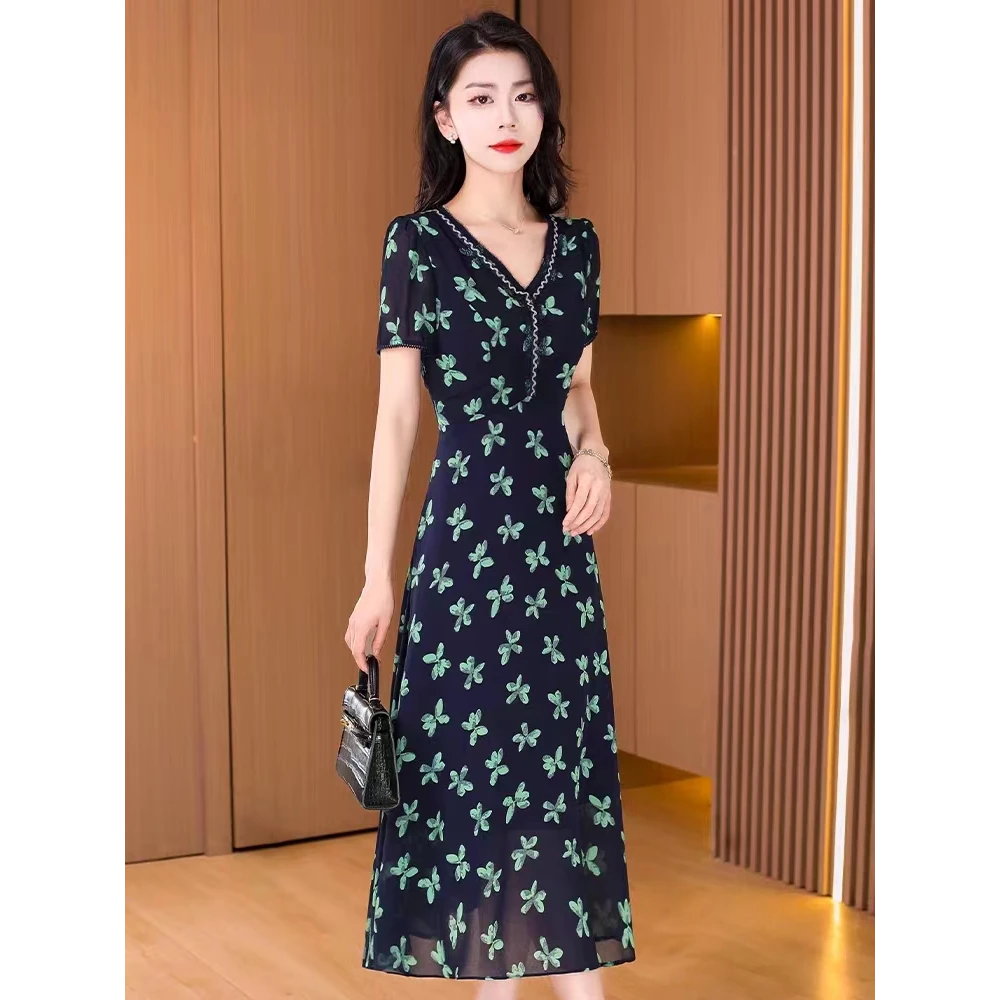 【V1131】高级感法式温柔风V领泡泡袖连衣裙女夏气质显瘦仙女裙子