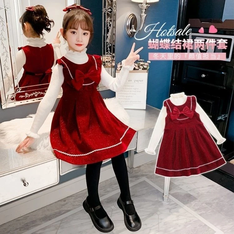 加绒连衣裙洋气装过年红色裙子中大童拜年服儿童加厚背心裙两件套