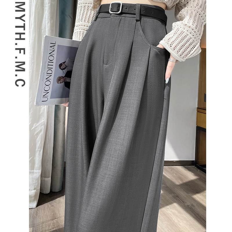 灰色高级感西装裤子女春秋季2024新款高腰宽松窄版直筒阔腿裤垂感