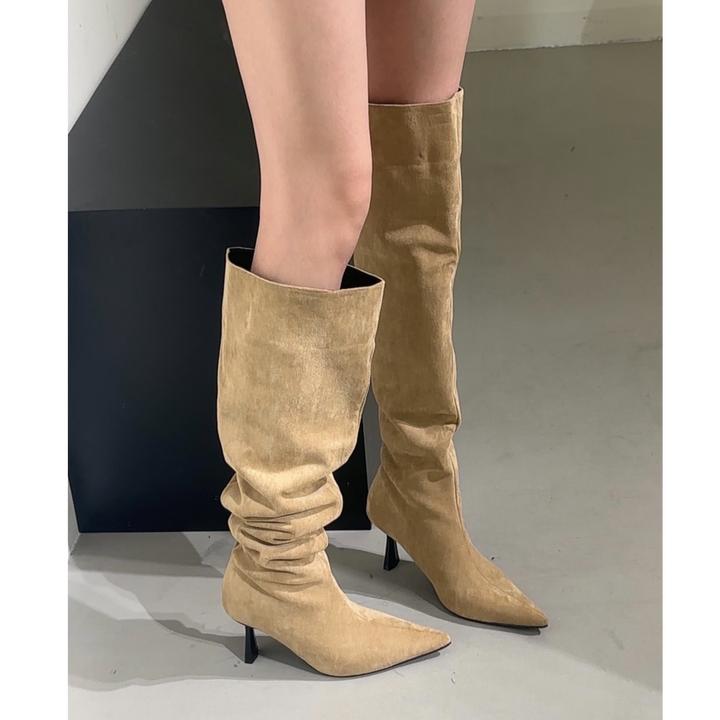 显腿瘦的尖头堆堆靴！2024新款卡其色细跟过膝长靴时尚两穿靴子女