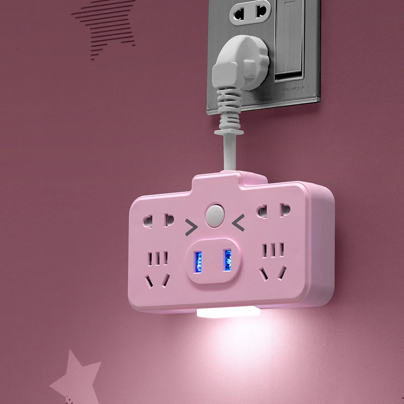 USB无线小猪插座转换器带夜灯一转多孔位墙壁缝扩展插排面板家用