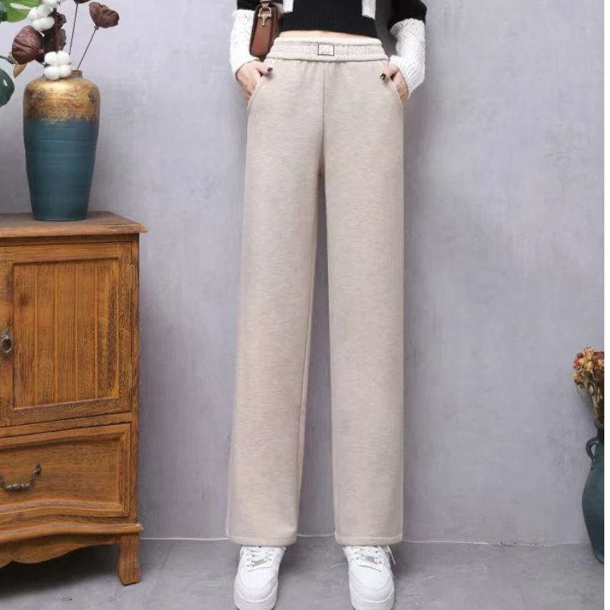 #6308秋冬厚款加绒中高腰直筒休闲裤中老年女式爆款