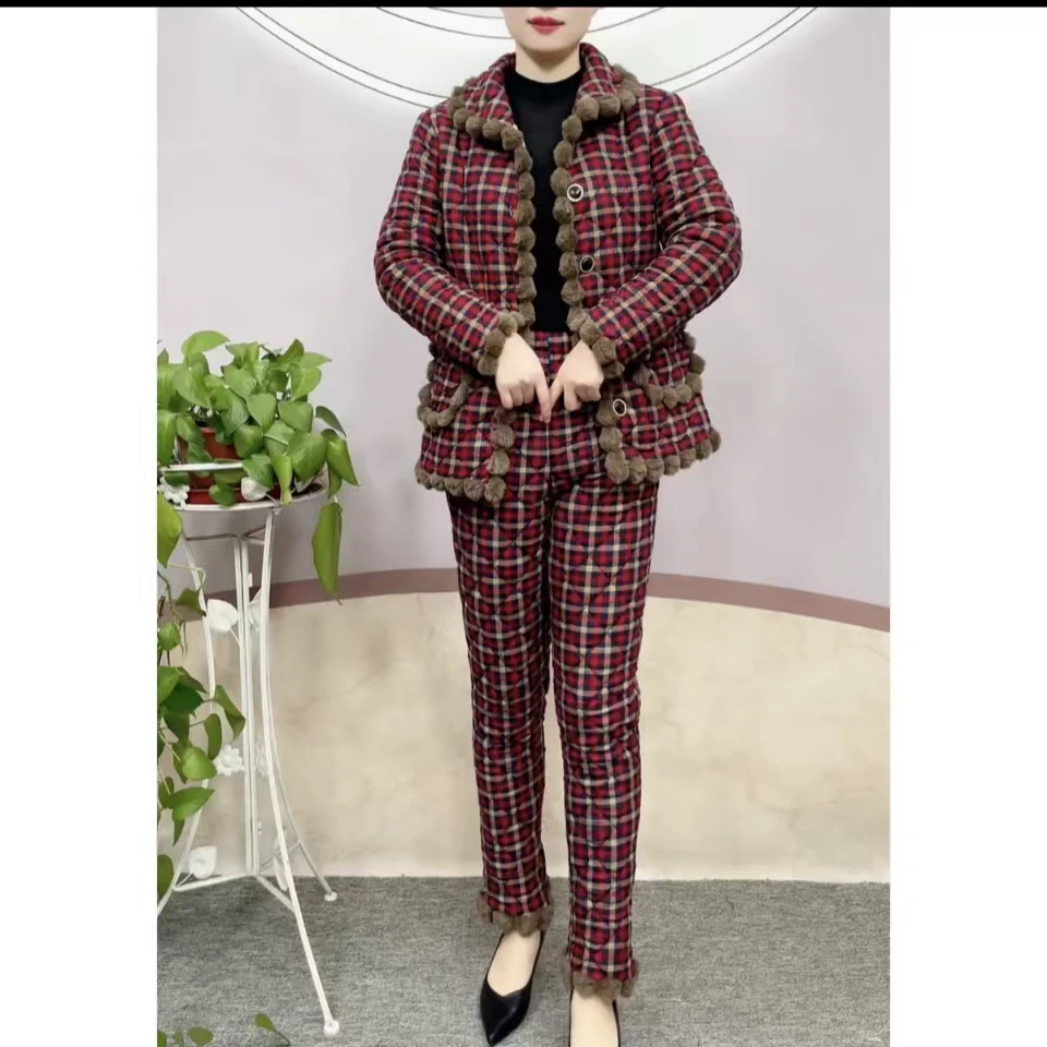 冬季新款加绒加厚棉衣套装时尚洋气保暖锁温冬季家居服套装妈妈装