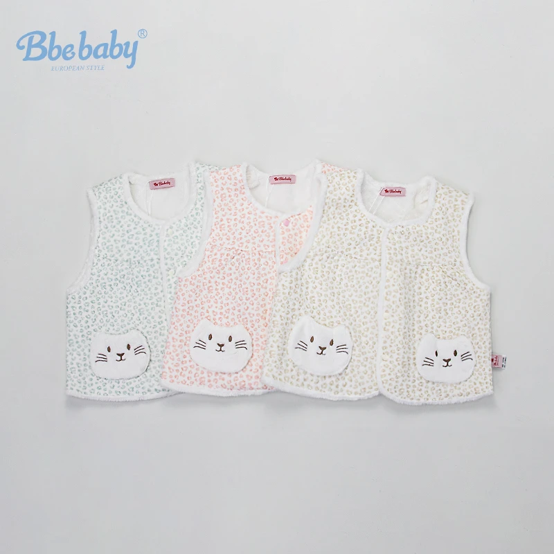 Bbe baby秋冬新品豹纹夹丝马甲 男女宝可爱猫咪毛呢加绒背心-L039