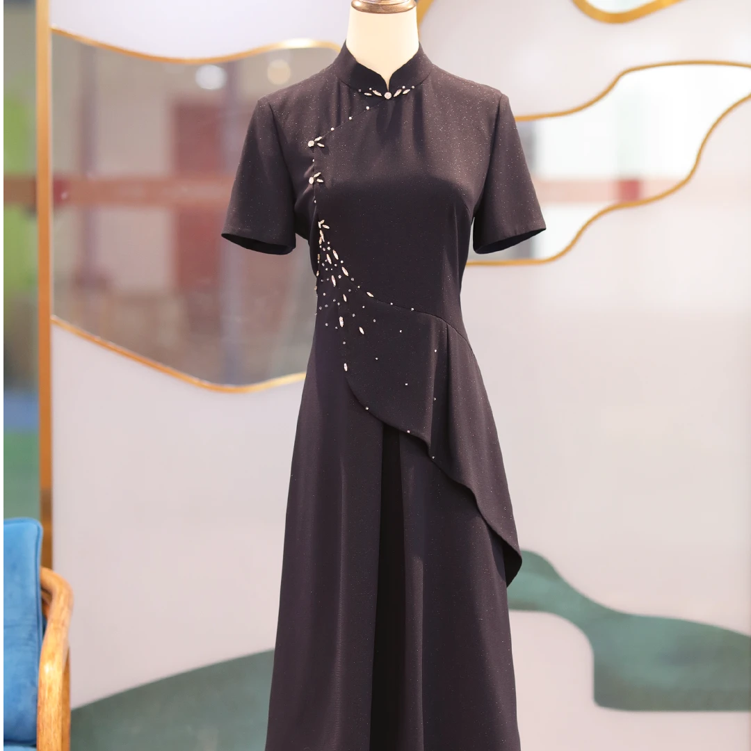 姀夏季优雅轻奢国风复古名媛显瘦藏青色设计师醋酸钉珠连衣裙