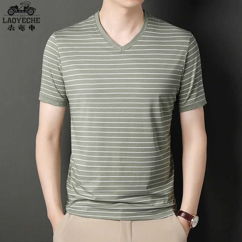 老爷车中年男装条纹t恤男圆领休闲夏季时尚半袖透气鸡心领汗衫