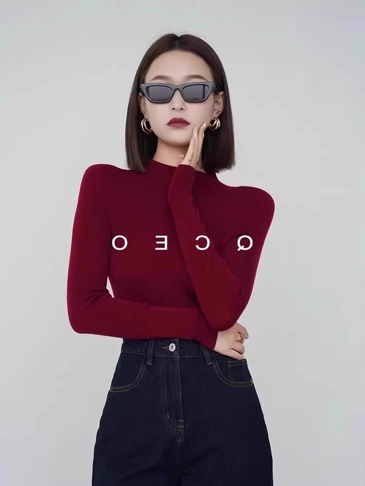 酒红色半高领羊毛针织打底衫女秋冬软糯毛衣气质修身内搭正肩上衣