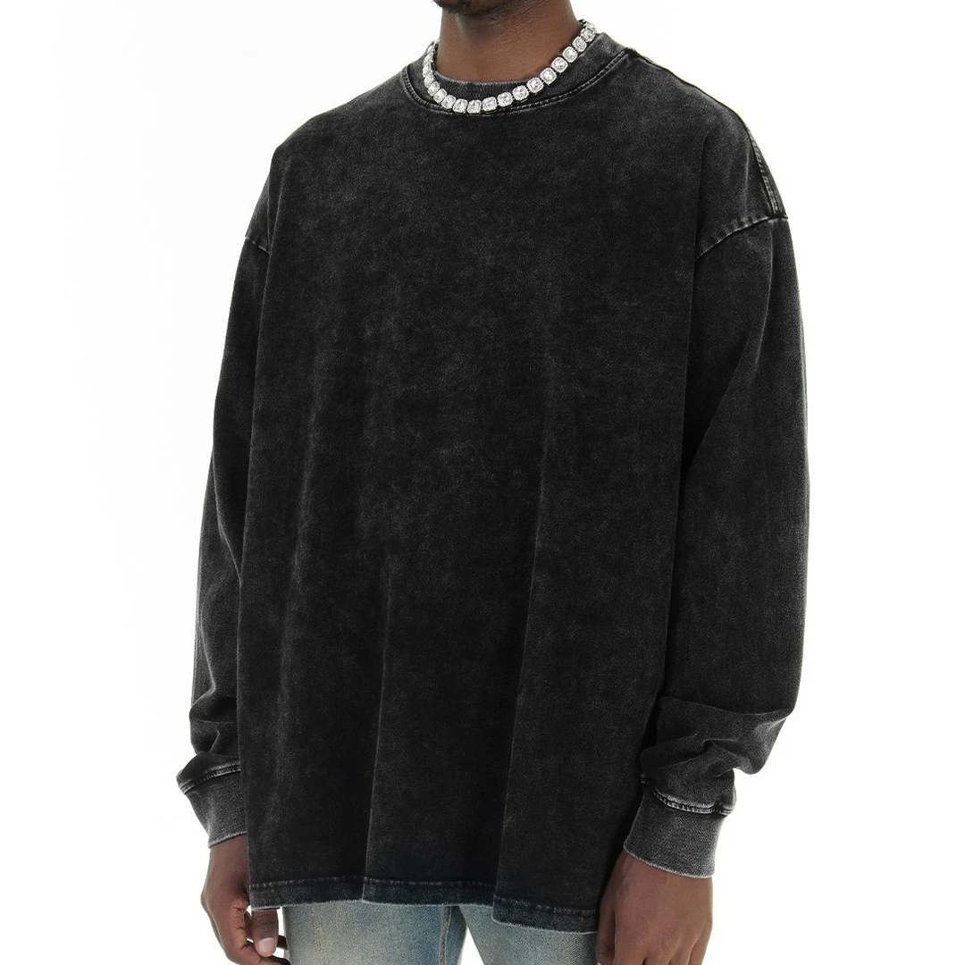 美式健身训练T恤水洗做旧上衣宽松长袖250克重磅纯棉纯色运动卫衣