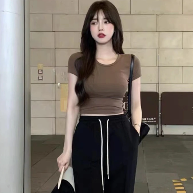 夏天纯棉显瘦石搭t恤打底衫辣妹短款百搭