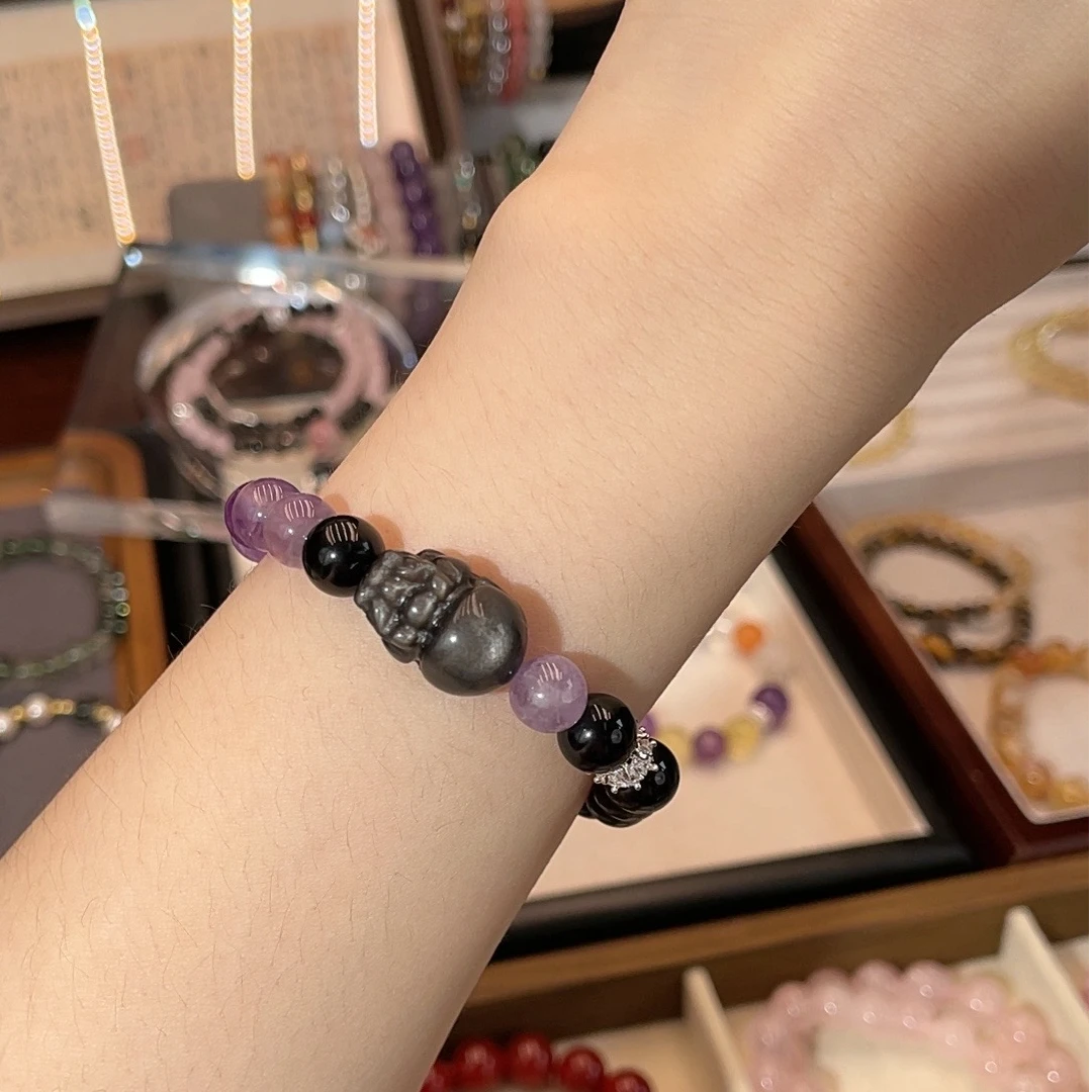 予鲤YULI天然【携星揽月】紫水晶携星揽月黑曜石貔貅款手串