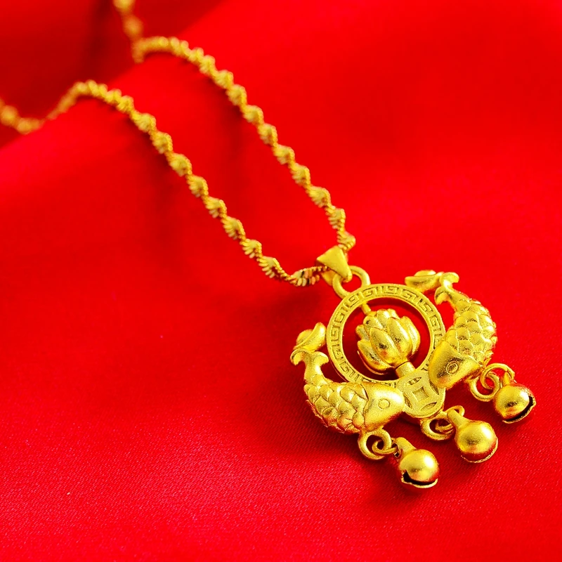 双鱼平安新娘黄金色项链久不掉色女古法项坠精美传承坠