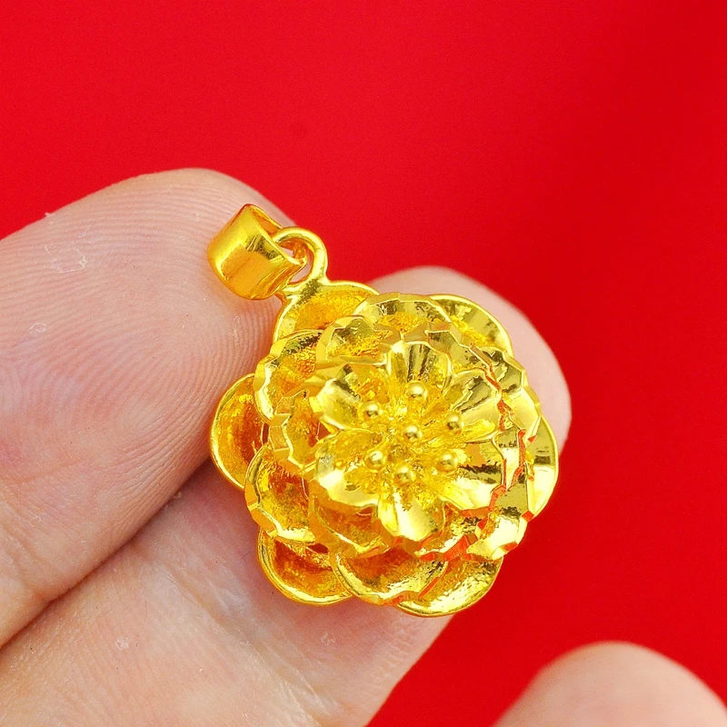 正品北欧金玫瑰花黄金色吊坠久不掉色女红绳配件项坠