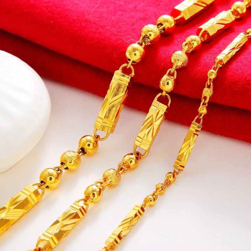 正品六角珠男士新娘黄金色项链方形饰品实心原创久不掉