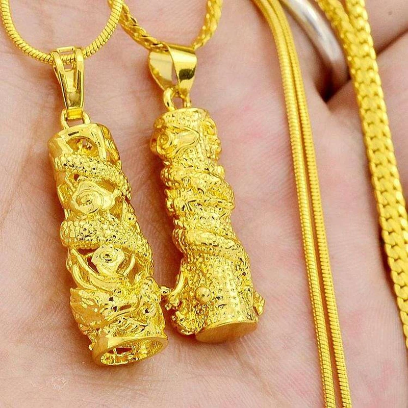 正品龙柱时尚黄金色项链不掉色吊坠礼物首饰空心民族风