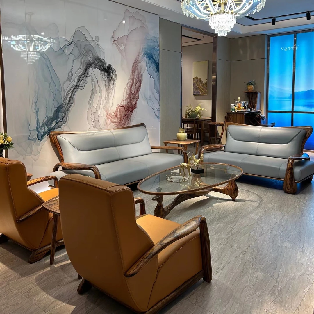 乌金木头层牛皮极简真皮沙发新中式牛皮欧式实木客厅沙发2+3组合