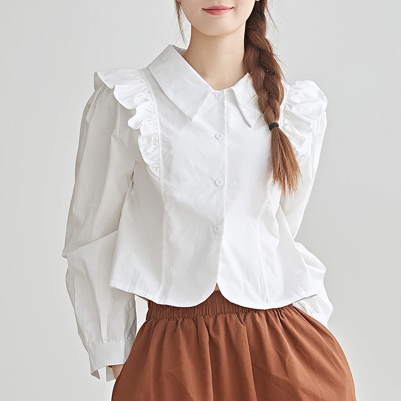 法式复古荷叶边拼接短款衬衫女士气质百搭修身显瘦纯棉泡泡袖上衣