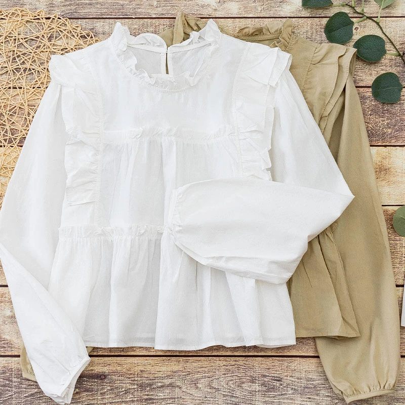 韩版立领纯棉衬衫女设计感小众荷叶边拼接短款娃娃衫泡泡长袖上衣