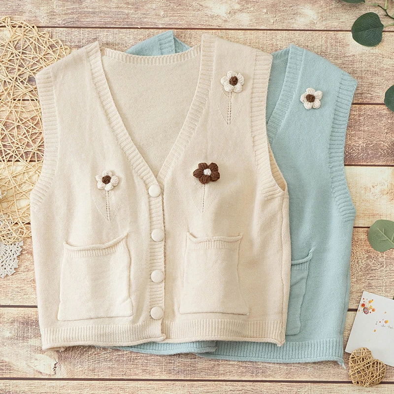 森女系花朵装饰毛坎肩甜美文艺口袋外搭V领开衫针织马甲背心上衣