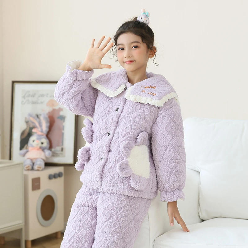 儿童睡衣冬季三层夹棉加厚家居服加绒法兰绒女童珊瑚绒大童套装