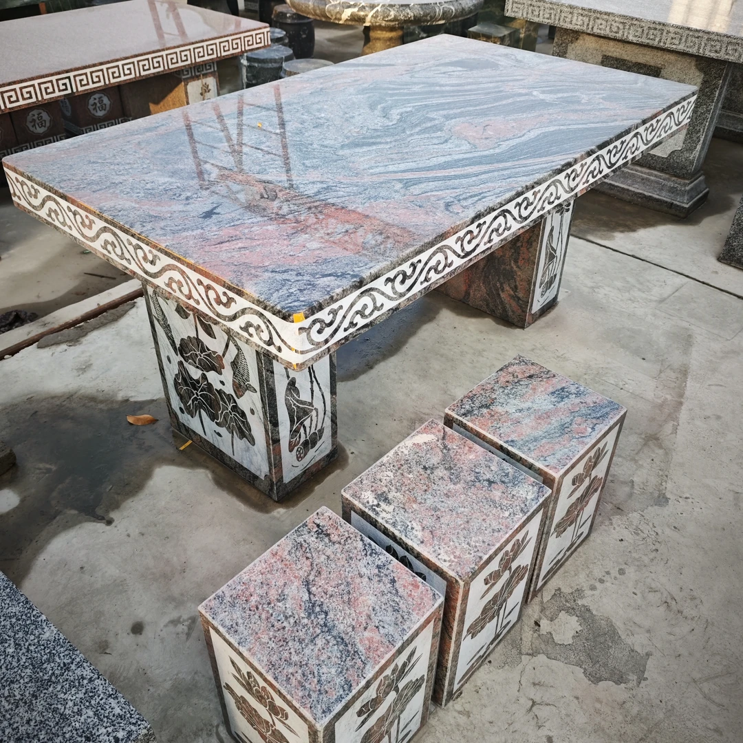 幻彩红石桌石凳一套长1.5米宽85厘米厚10厘米含6凳