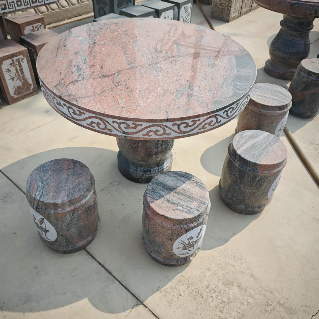 幻彩红石桌圆桌直径一米厚10厘米含4凳包邮