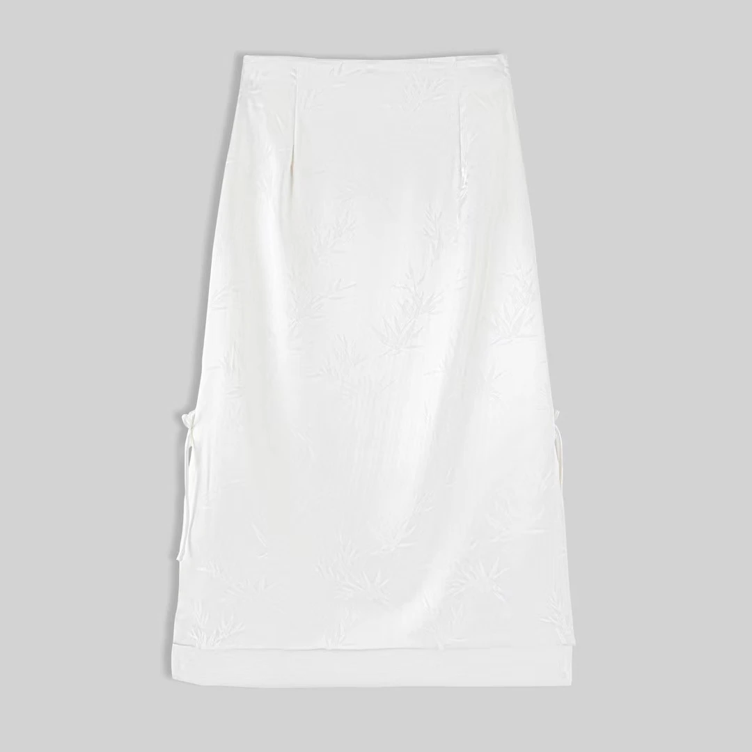 新中式提花薄款盘扣开叉中长款竹叶提花定制半裙