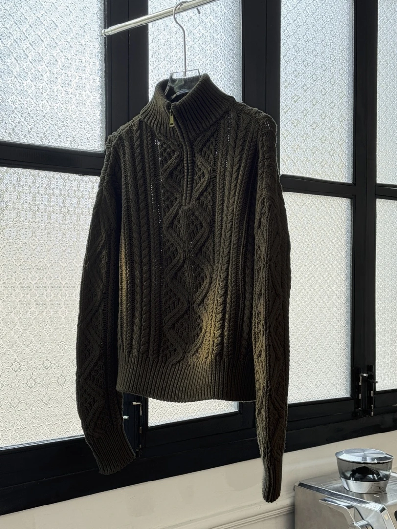 【拉夫纯原】2股32支特种进口雪花棉、原厂定染青苔绿RL高领拉链毛衣