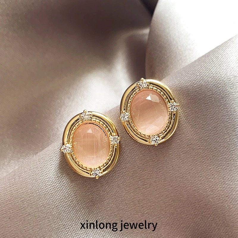 铜合金锆石耳饰 XL110 锆石粉色椭圆韩式时尚优雅气质耳钉轻奢