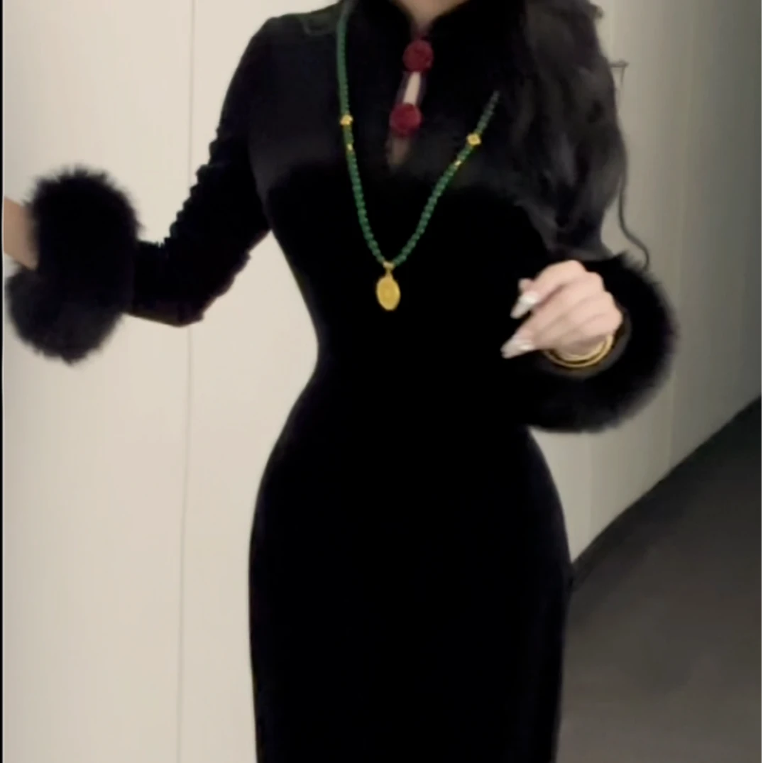 LHMknk1画报夫人原创自制立体玫瑰花丝绒复古旗袍连衣裙 铿锵玫瑰