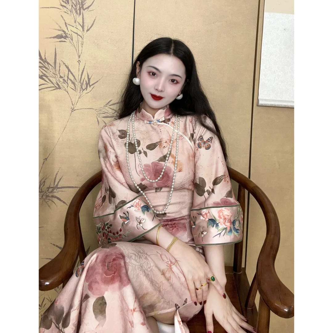 LHMknk1画报夫人原创自制厚款提花针织改良清汉女旗袍  郡主粉