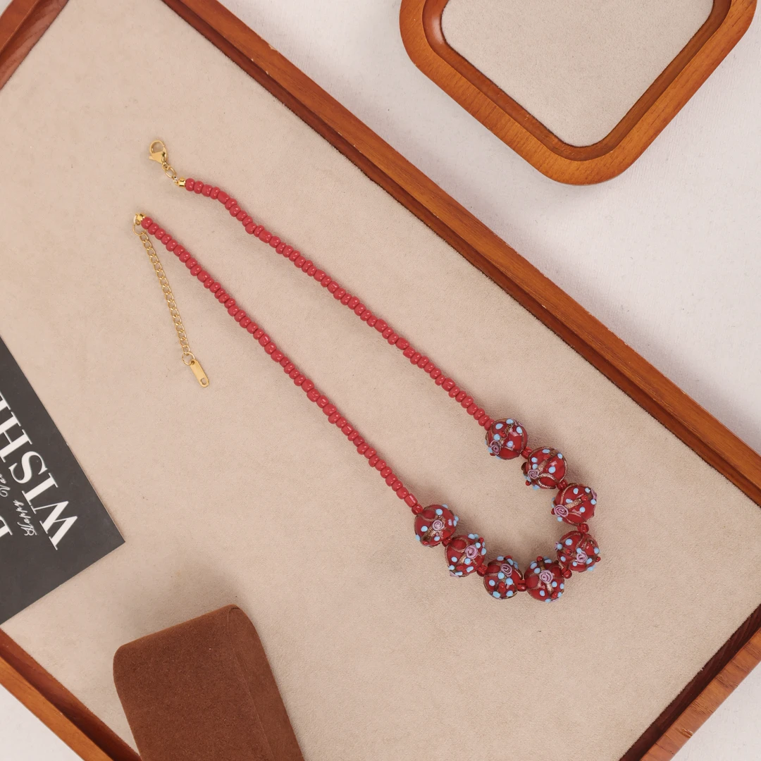 合金项链 玉楼东 CY136  红色蛋糕红色小米珠琉璃项链