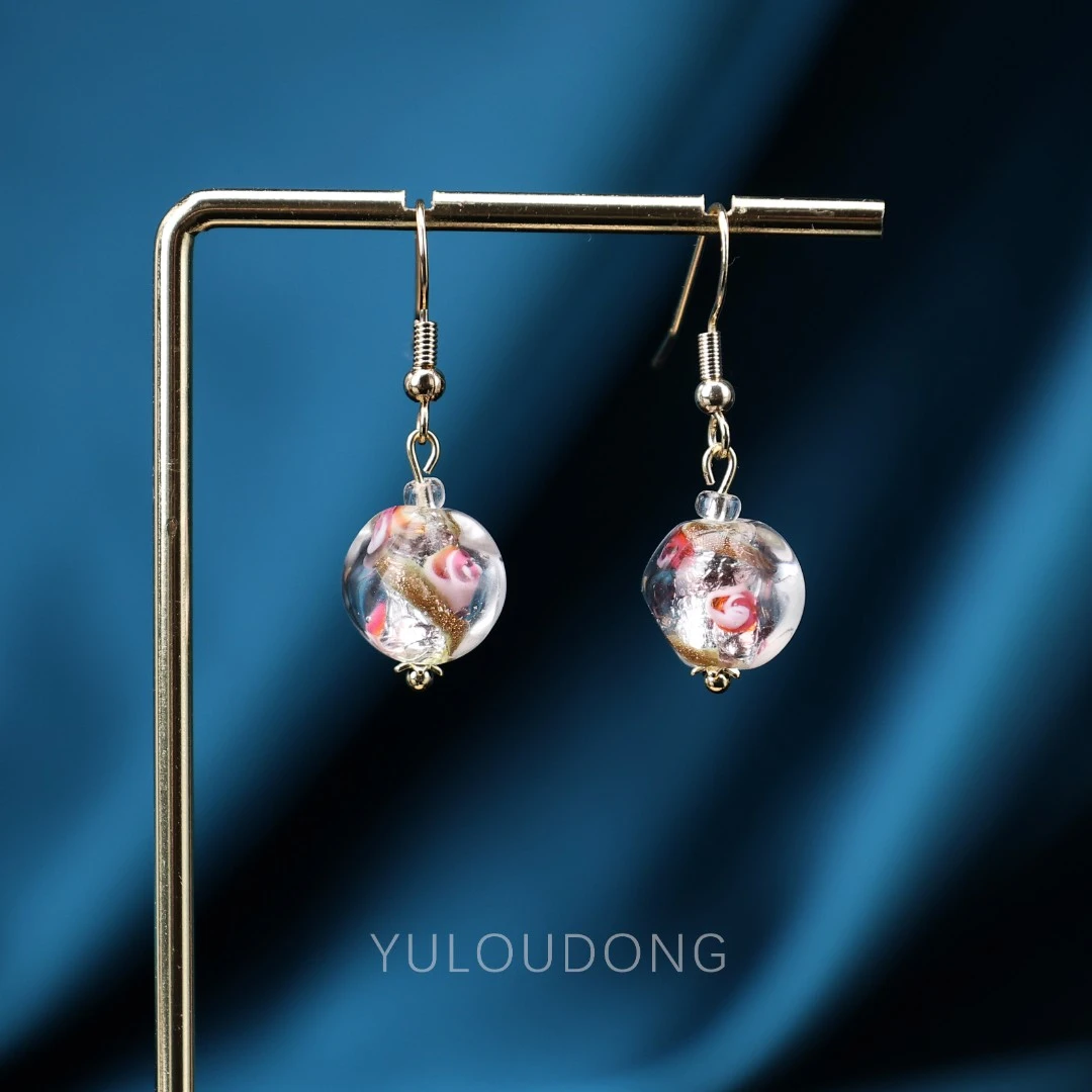 合金耳饰 玉楼东合金耳饰  ES19 玫瑰花冰透银箔耳环12mm