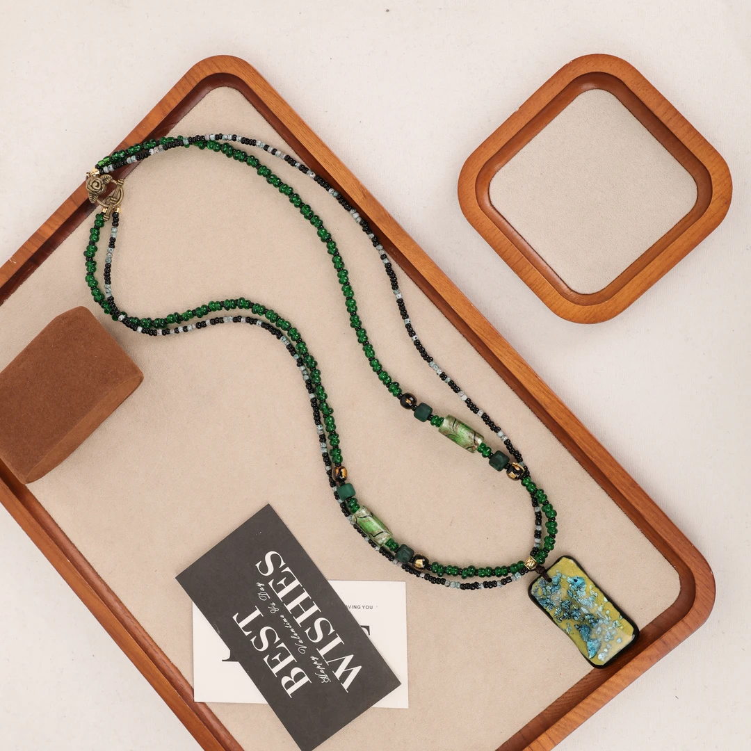 合金项链 （希媛专属LZ2140长方形吊牌江山图绿色小米珠琉璃 随机