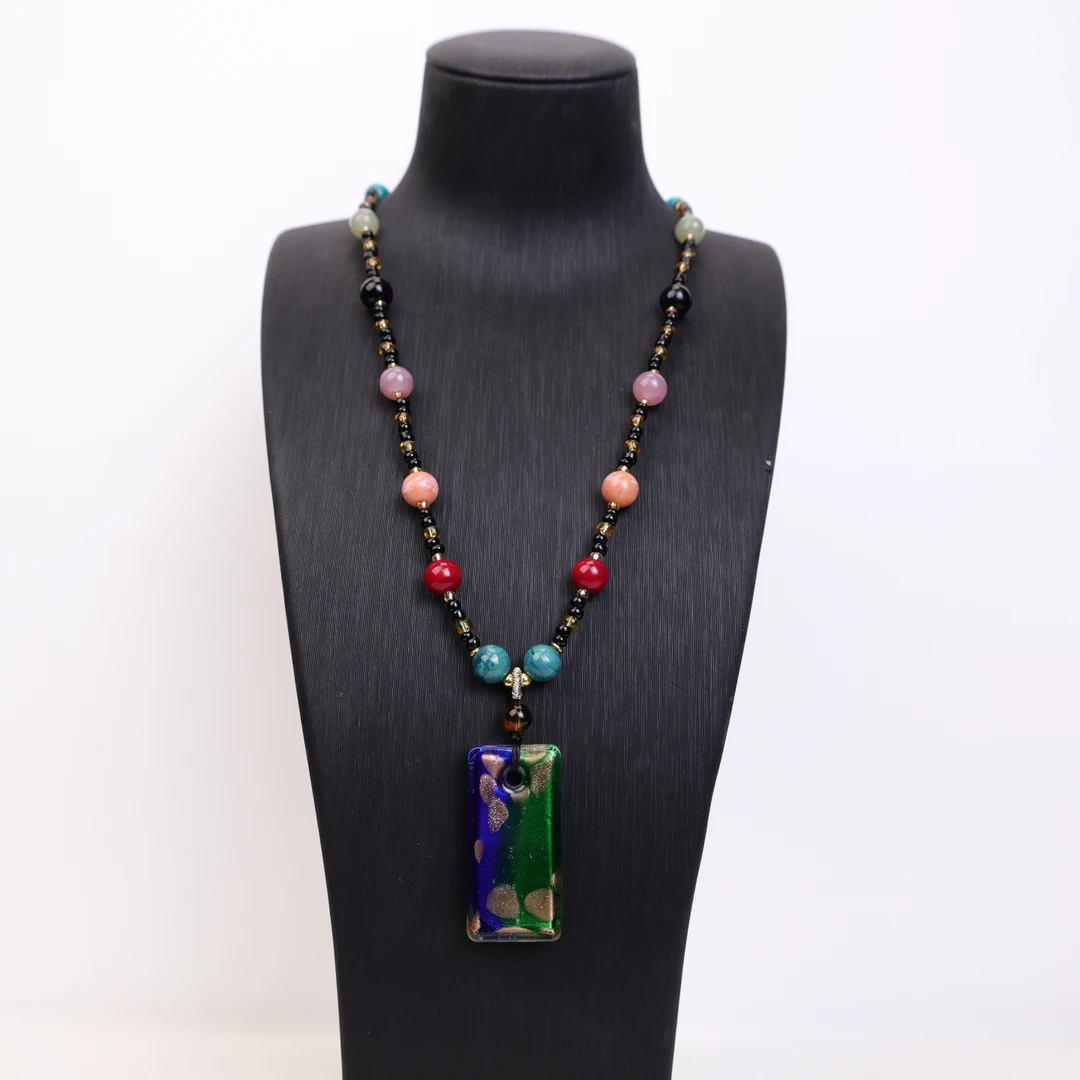 合金项链 玉楼东 CY011   蓝色绿色吊牌琉璃项链