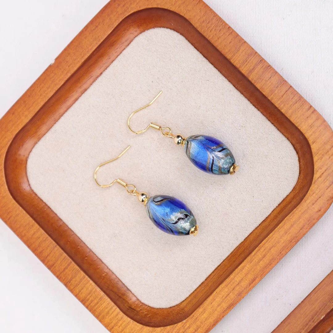 合金耳饰 合金耳饰 玉楼东合金耳饰 LZ1659 椭圆银箔琉璃耳环