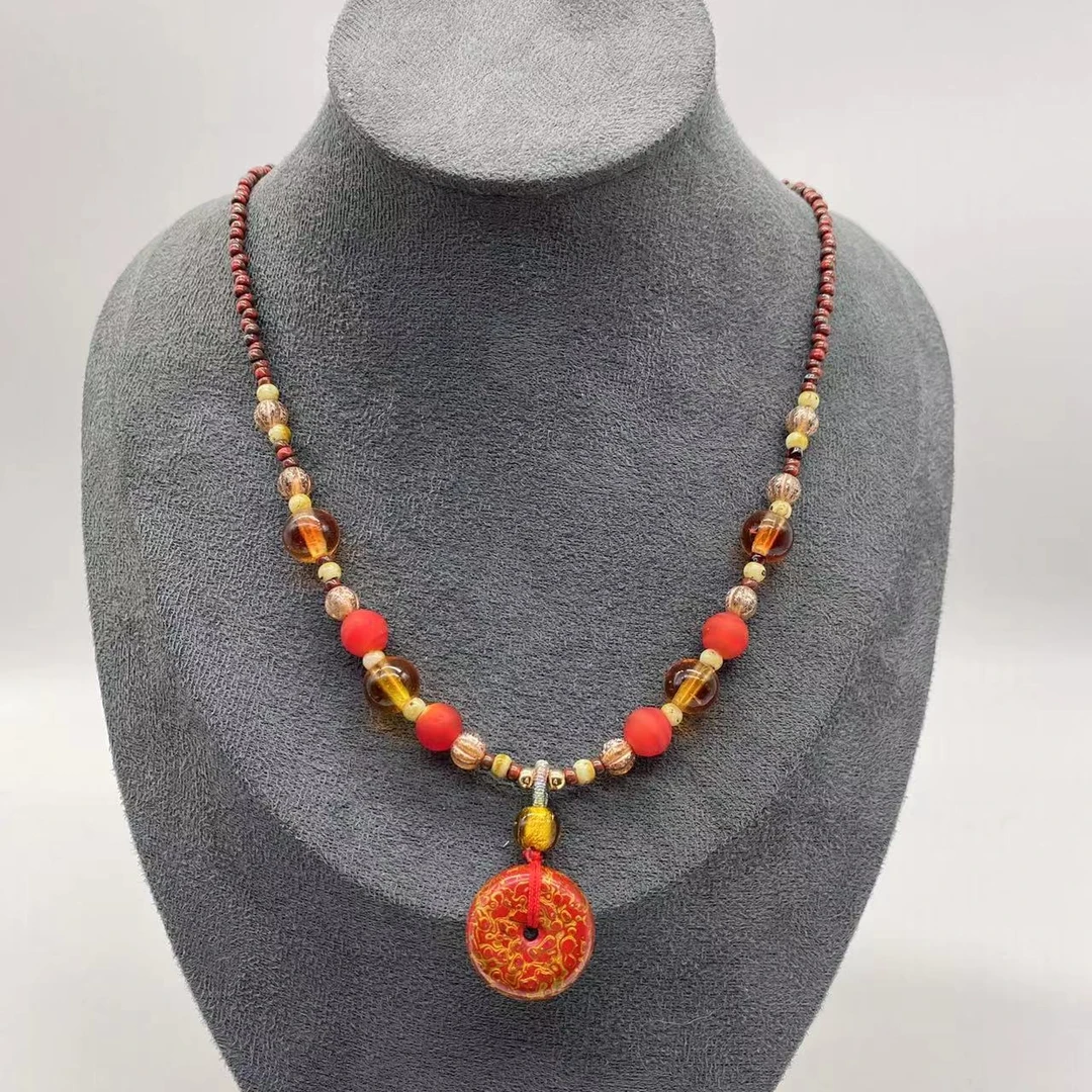 合金项链 玉楼东合金项链 LZ1964 2.0橙红色大漆平安扣琉璃项链