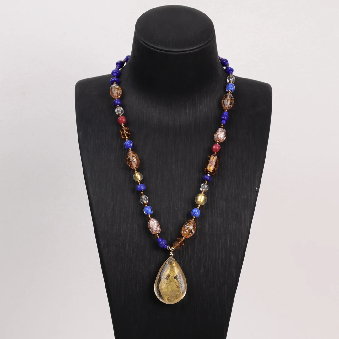 合金项链 玉楼东合金项链 LZ1851 水滴金箔黄色玫瑰花圆柱琉璃项