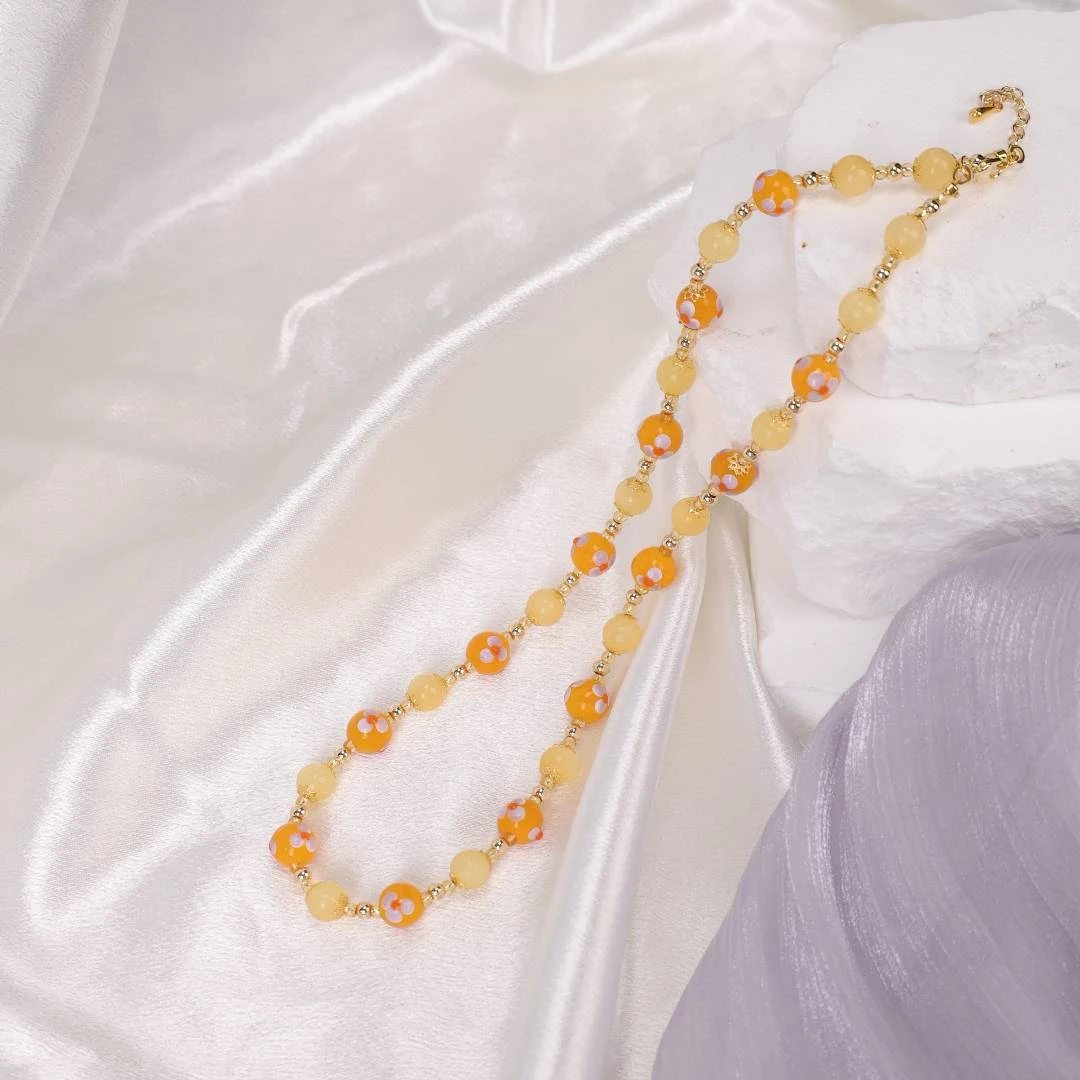 合金项链 玉楼东合金项链 LZ0099 橙色小花黄料琉璃项链