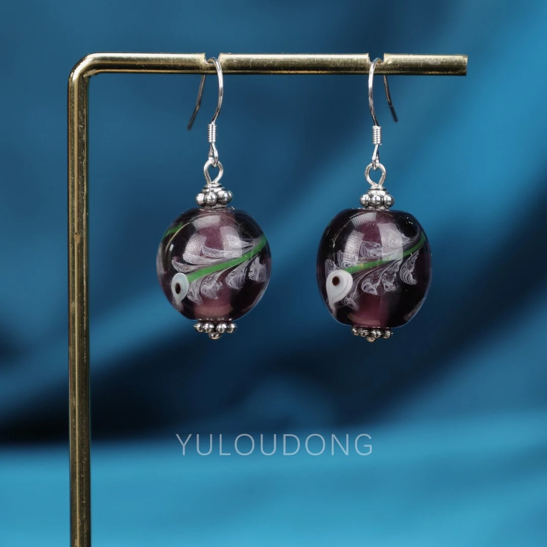 合金耳饰 玉楼东合金耳饰 ES308 紫色马蹄莲小花琉璃耳环